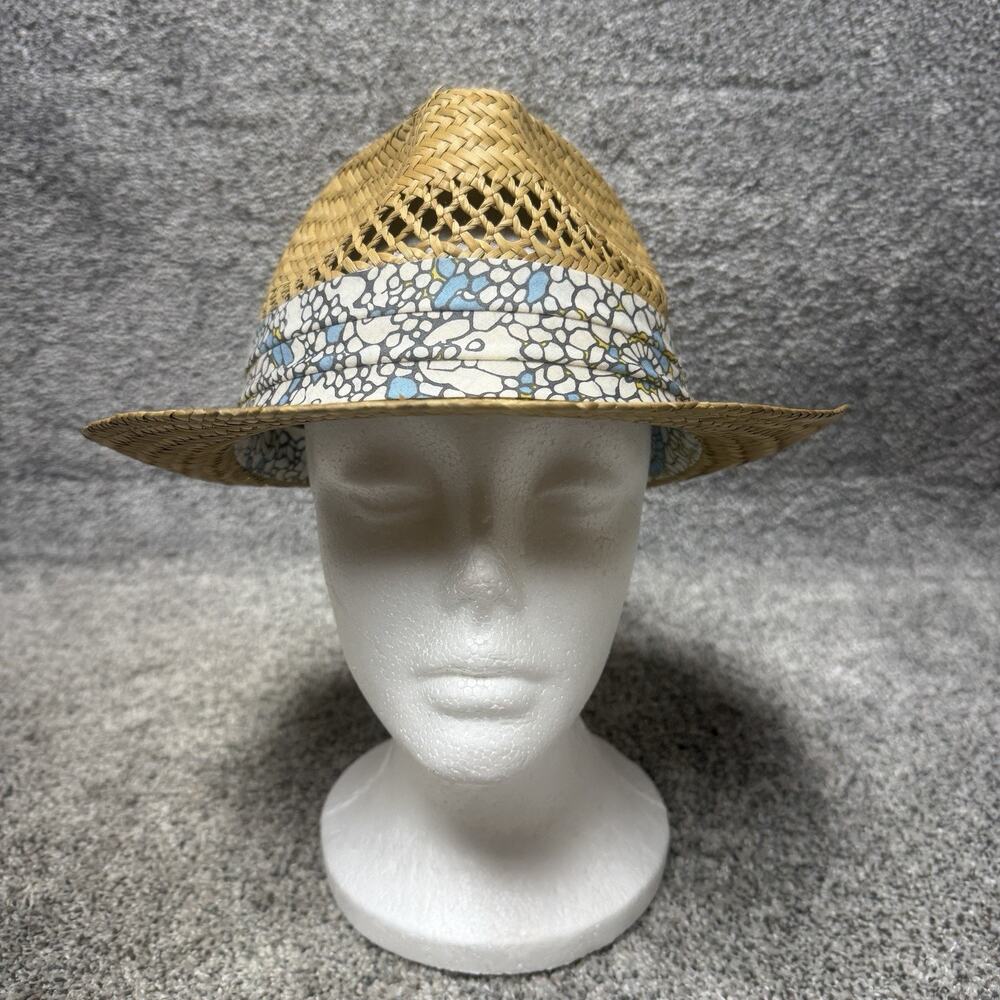 Vintage Broner Straw Fedora Hat Mens Large Blue White Floral Band Coastal Panama